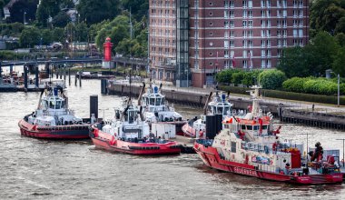 16 Temmuz 2019 'da Hamburg, Almanya' da demirlemiş bir grup römorkör.