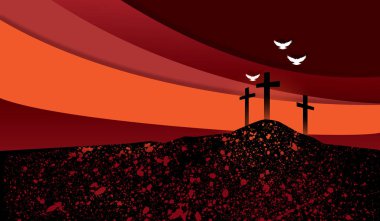 Kavramsal grafiği Calvary, bağışlama ve sevgi İsa Christs şanlı kurban sahnesi de Hıristiyan haçlar. Basit tasarım kağıt şekiller kesip kolaj etkisini taklit eder. Resimde Paskalya veya genel Hıristiyan ibadet için uygun.