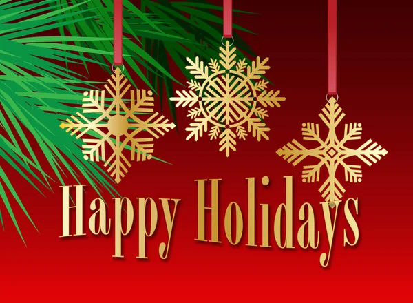 黄金の休日の雪の結晶の装飾品と様式をグリーティング カードまたはヘッダーとして可能な使用のためメリー クリスマス メッセージと赤い背景の上のクリスマス ツリーの枝 — ストック写真