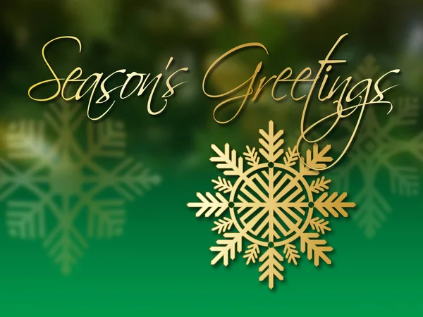 グリーティング カードまたはバナーとして使用できるように季節の挨拶感情と黄金の休日スノーフレーク グリーン ソフト フォーカスの装飾背景のグラフィック組成 — ストック写真