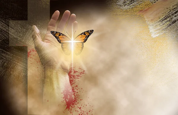 Conceptual Graphic Christian Cross Jesus Hand Setting New Butterfly Free — Stock Photo, Image