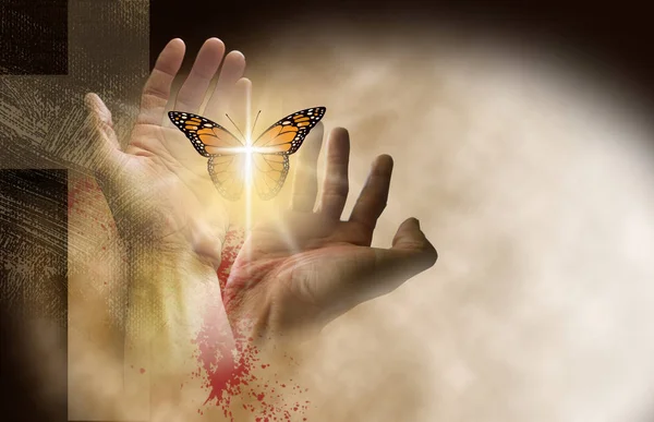 Conceptual Graphic Christian Cross Jesus Hands Setting New Butterfly Free — Stock Photo, Image