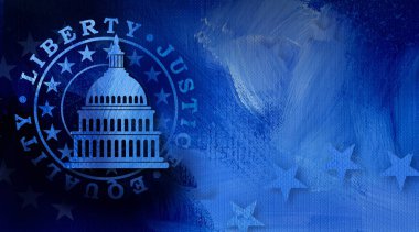 Özgürlük, Adalet ve eşitlik soyut yağlı boya arka plan üzerinde sahte mühür karşı Amerikan Capitol binası simgesini grafik resmini. Politik temalı kullanımı için kavramsal grafiği.