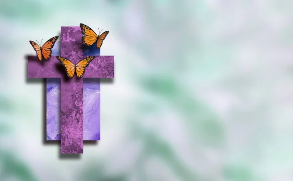 Grafisches christliches Kreuz mit neuem Leben Schmetterlinge mit weicher Unschärfe — Stockfoto