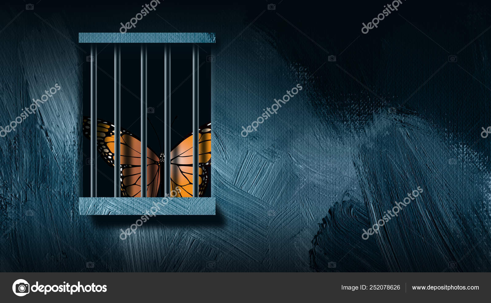 Butterfly behind prison bars graphic abstract background Stock Photo by