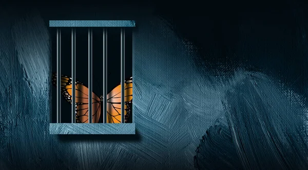Fjäril bakom fängelset barer grafisk abstrakt bakgrund — Stockfoto