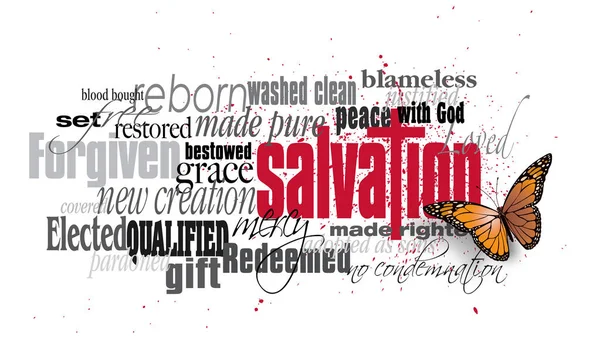 Montaje palabra salvación con Cruz Cristiana y Mariposa — Foto de Stock