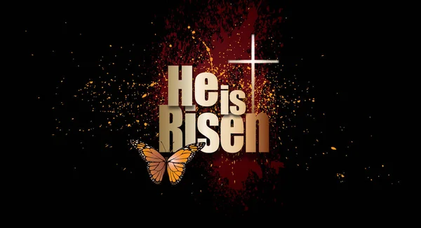 He is Risen Easter Christian graphic with Cross and butterfly background — Stock Photo, Image