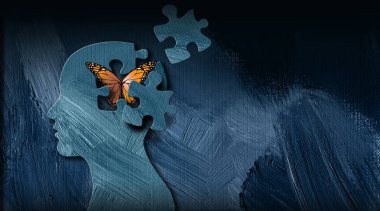 Graphic dreaming butterfly thought escapes puzzle piece opening in mind clipart