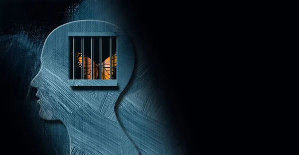 Mente gráfica com borboleta presa atrás do fundo de barras de prisão de uma mente — Fotografia de Stock