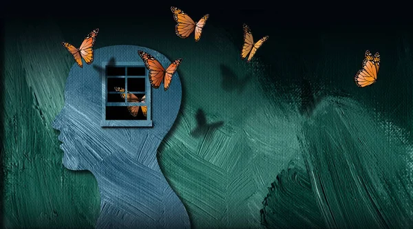 Graphic abstract of set free butterflies escaping opening window