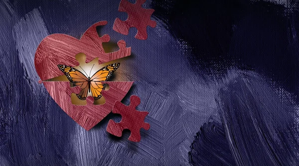 Graphic butterfly emerges from puzzle piece opening in heart — Stock Photo, Image