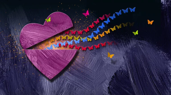 Graphic stream of free butterflies burst from opening heart