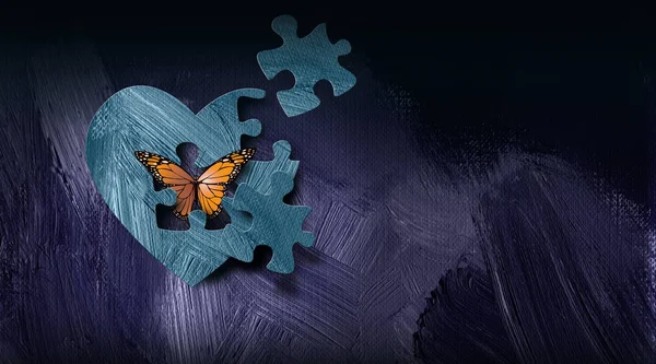 Grafiske sommerfugler kommer ut av puslespillåpningen i hjertet. – stockfoto