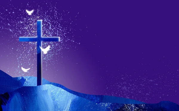 Grafický křesťanský kříž a duchovní holubice proti fialové obloze — Stock fotografie