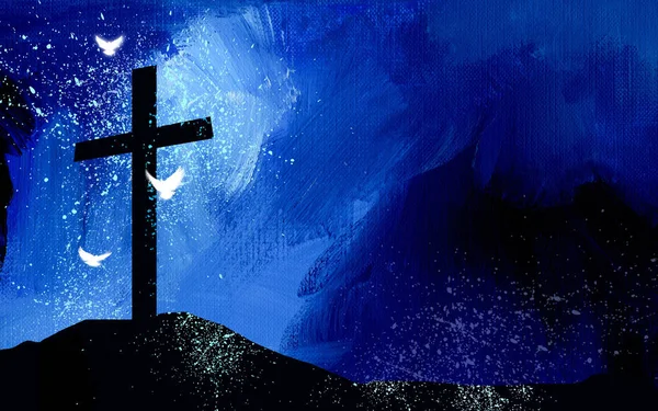 Graphic Christian Cross silhouette and spiritual doves against a dramatic abstract oil paint brush textured sky — Stock Photo, Image