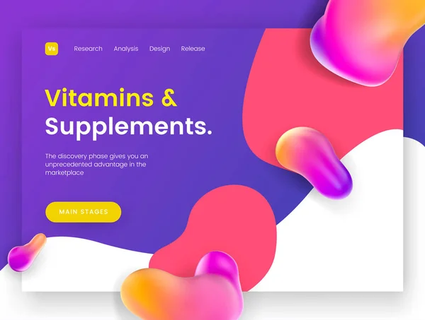 Heldere en sappig landing paginasjabloon voor sites met gezondheidsonderwerpen, mineralen, vitaminen en supplementen. — Stockvector