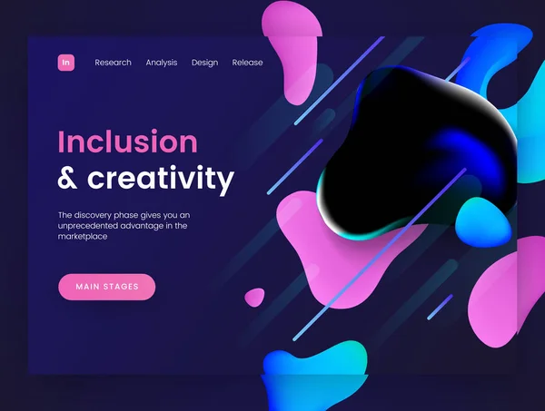 Plantilla de landing page oscura con un fondo futurista líquido - Inclusión y creatividad, se puede utilizar para startup de innovación, desarrollo y sitios web dinámicos creativos . — Vector de stock