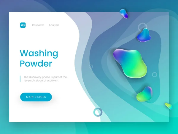 Landing paginasjabloon met een blauwe achtergrond van vers - wassen poeder, kan worden gebruikt voor de Wasserij, afwasmiddel, zeep en shampoo thema websites. — Stockvector
