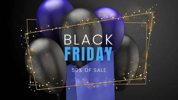 Black friday, sale abstract dark background with balloons, blue shopping bag and glare golden frame, can be used for banner, flyer and brochure template — Stock Vector