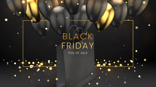 Black friday, sale abstract dark background with glowing lights, golden frame, balloons and shopping bag, can be used for e-commerce, advertising flyer, business promotion and web banner — Stock Vector