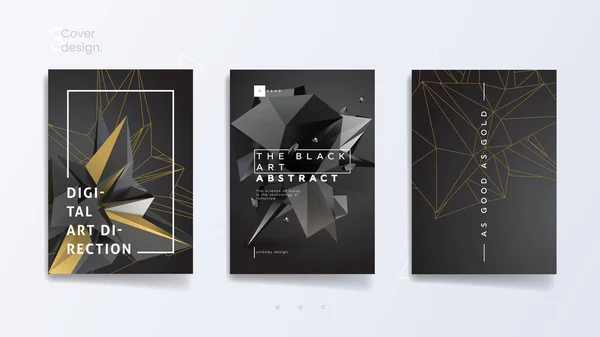 Темно-промышленная брошюра с трехмерными полигональными изображениями и контурами может быть использована для технологического бренда, рекламного продвижения и типографского дизайна — стоковый вектор