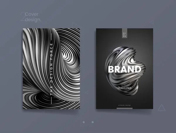 Dark abstract cover template with 3d silver twisted shape, can be used for luxury cosmetic brand, finance journal and brandbook design — Stock Vector
