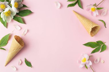 Bahar ya da yaz ruh kavramı. Düz-gözleme tatlı koni ile berryy pastel hafif pembe bir arka plan üzerinde üstten görünüm lay.