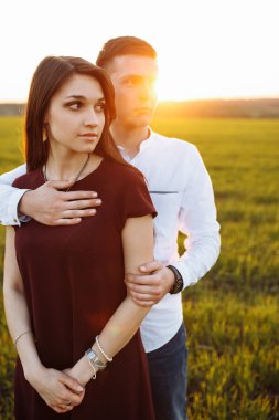 Genç, mutlu, kollar, gökyüzünde karşı yeşil bir alanda ve, reklam zevk günbatımında seven çift, ve