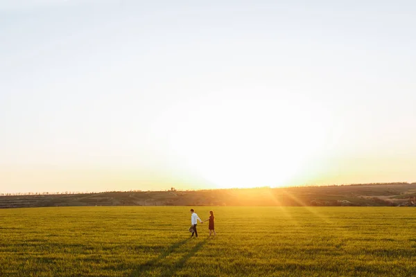 Jovem Feliz Casal Amoroso Pôr Sol Campo Verde Contra Céu — Fotografia de Stock