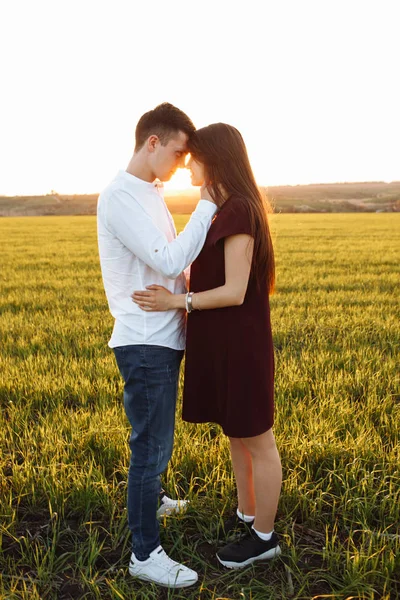 Young Happy Loving Couple Sunset Standing Green Field Sky Arms — Stock Photo, Image