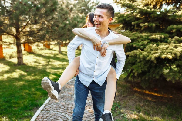 Young Happy Loving Couple Frolic Have Fun Park Enjoy Each — Stock Photo, Image