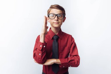 Portre pozitif ve duygusal bir okul çocuğu, Masa, beyaz arka plan, Gözlük, kırmızı gömlek, iş tema için elini çeker,