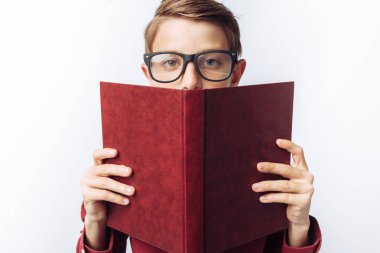 Bir kitap, beyaz arka plan, Gözlük, kırmızı gömlek, iş tema arkasından bakan bir pozitif ve duygusal öğrenci portresi,