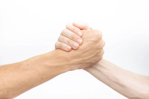 Hand Holding Struggle Two Isolated White Background Advertising — Stock Photo, Image
