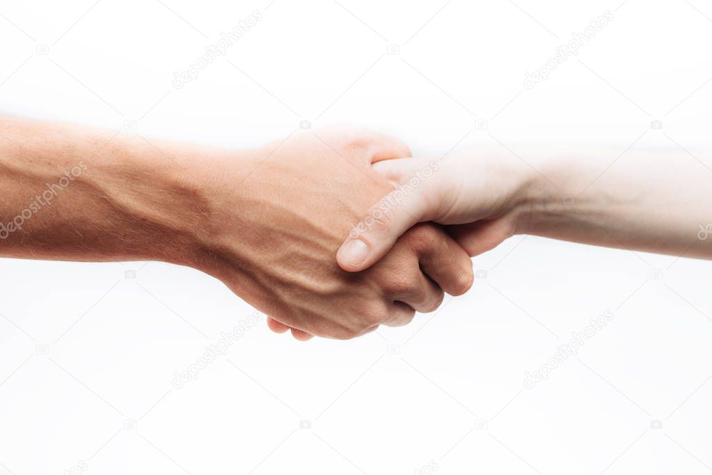 Handshake of two successful business people isolated on white background,