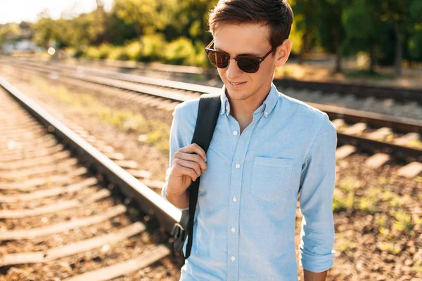 Beautiful Stylish Guy Glasses Posing Rails Train Sunset Hipster Posing — Stock Photo, Image