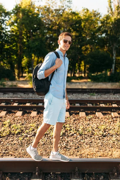 Beautiful Stylish Guy Glasses Posing Rails Train Sunset Hipster Posing — Stock Photo, Image