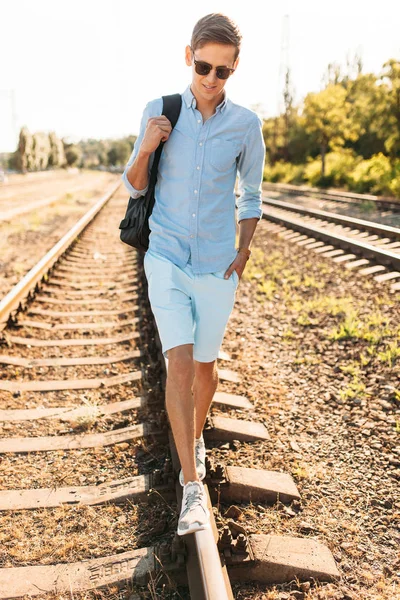 Beautiful Stylish Guy Glasses Posing Rails Train Sunset Hipster Posing — Stock Photo, Image