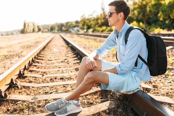 Beautiful Stylish Guy Glasses Posing Sitting Rails Train Sunset Hipster — Stock Photo, Image