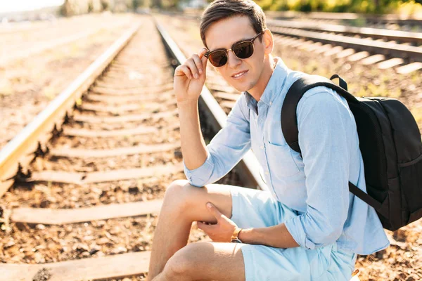 Beautiful Stylish Guy Glasses Posing Sitting Rails Train Sunset Hipster — Stock Photo, Image
