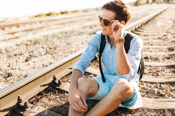 Beautiful Stylish Guy Glasses Posing Sitting Rails Train Sunset Hipster — Stock Photo, Image