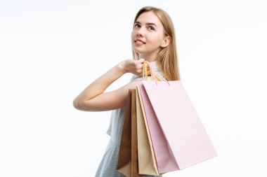 Alışveriş, Hediyelik Çanta, beyaz arka plan üzerinde ile poz genç güzel kız,