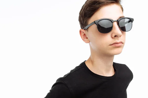 Portrait Stylish Teenager Guy Glasses Black Shirt Posing Studio White — Stock Photo, Image