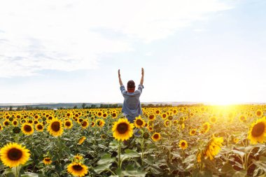 sonra adam ellerini gökyüzüne, ayçiçeği, kap ve forması giyen alanıyla arka planda kaldırdı