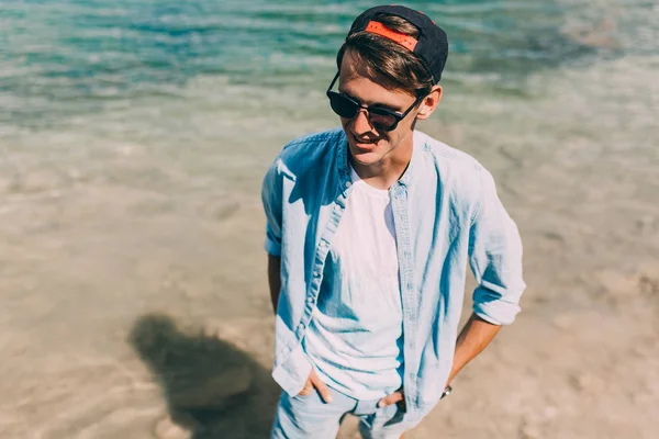 Portrait Man Ocean Handsome Guy Walking Beach Man Cap — Stock Photo, Image