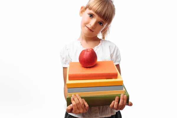 Mädchen Hält Ein Buch Mit Einem Apfel Der Hand Schulthema — Stockfoto