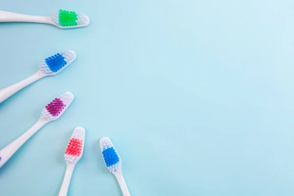 Toothbrushes Light Blue Background Close Different Kinds Toothbrushes New Used — Stock Photo, Image