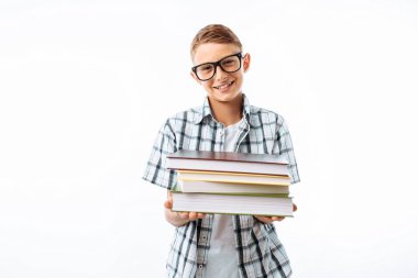 Güzel öğrenci bir kitap, yığını tutan bir botanikçi stüdyoda çalışma kitapları ile gider