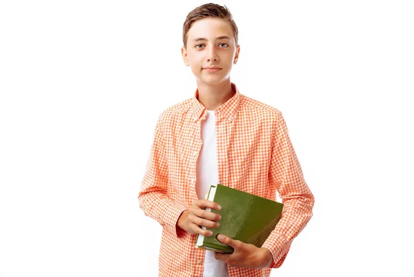 Retrato Adolescente Com Livro Mão Estudante Estudante Estúdio Fundo Branco — Fotografia de Stock